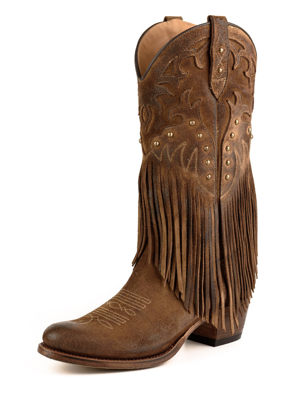 Brown Women's Cowboy Boots with Fringes 2475 Leather